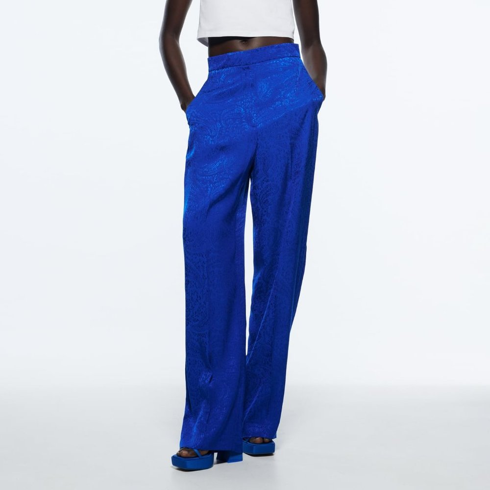 BNWT ZARA WOMAN JACQUARD MENSWEAR STYLE PANTS BLUE 1478/033 XS